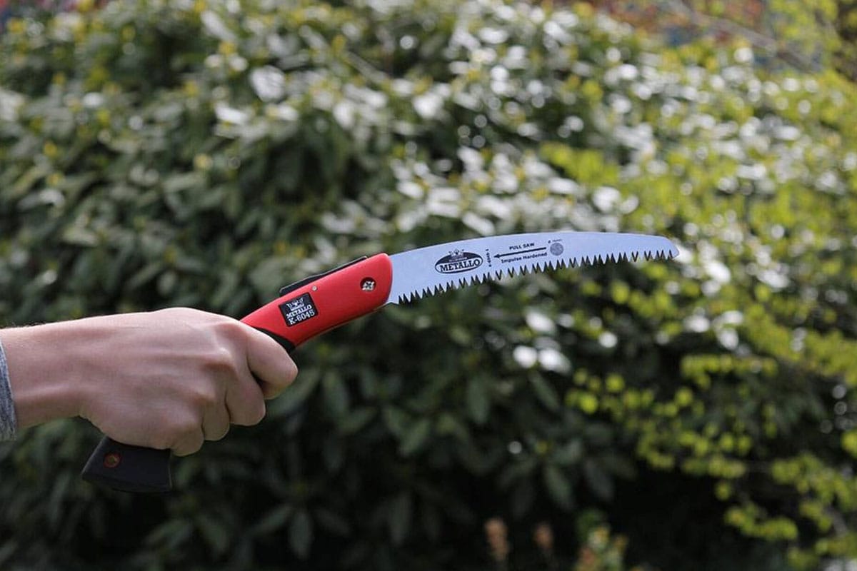 Hand houdt snoeizaag vast in de tuin.