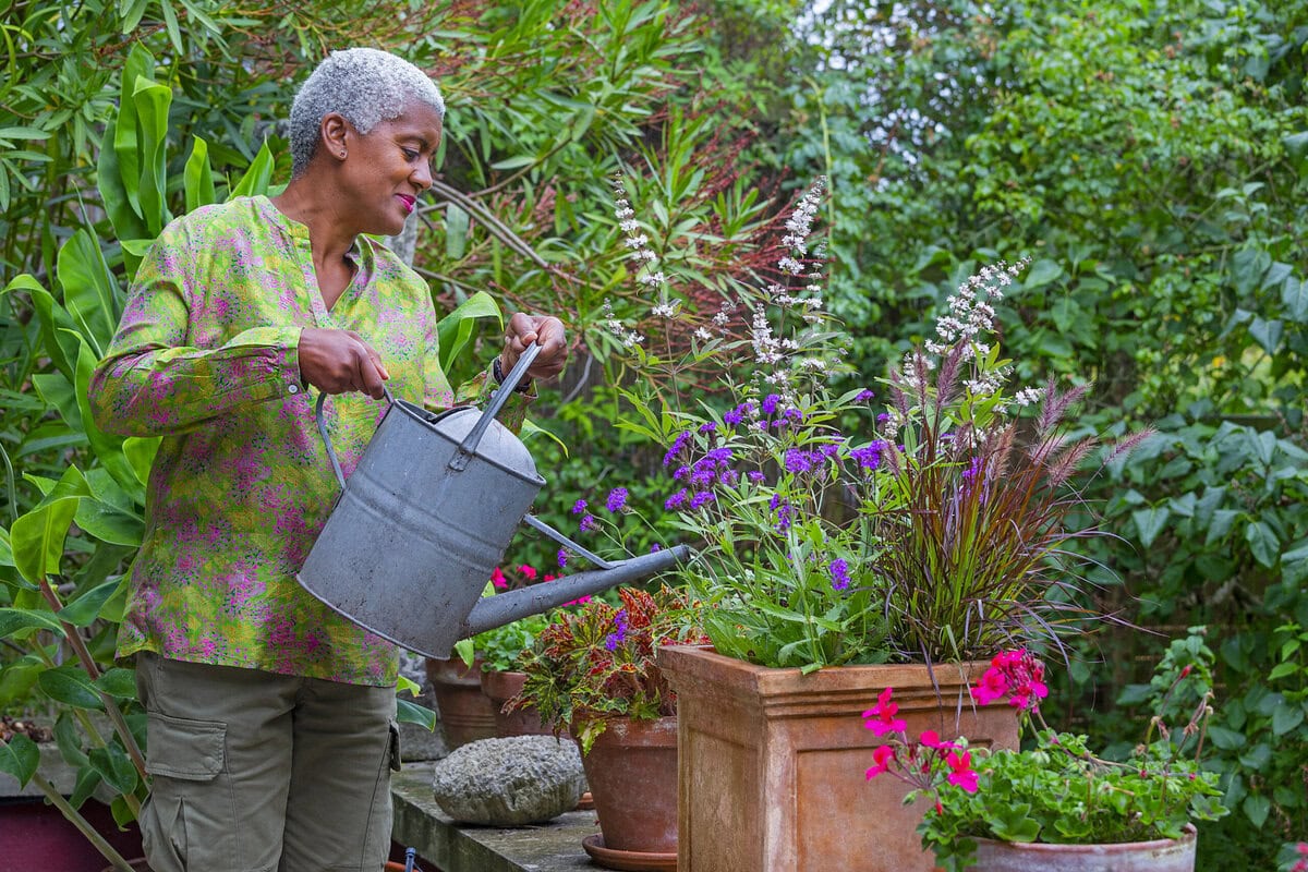 Arit Andersen geeft een pot vol zomerse planten, zoals verbena en pennisetum, water.