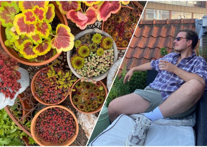Links: planten op het dakterras. Rechts: Jan zittend op een bakje op zijn dakterras.