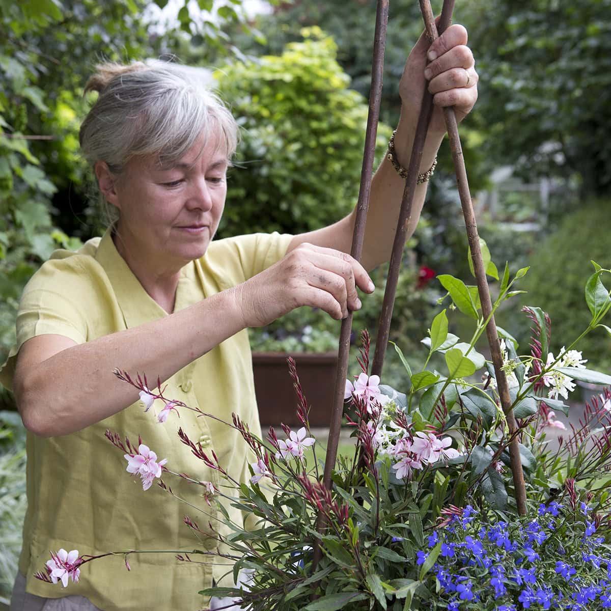 Vrouw gebruikt drie stokken om een beplante pot te ondersteunen.