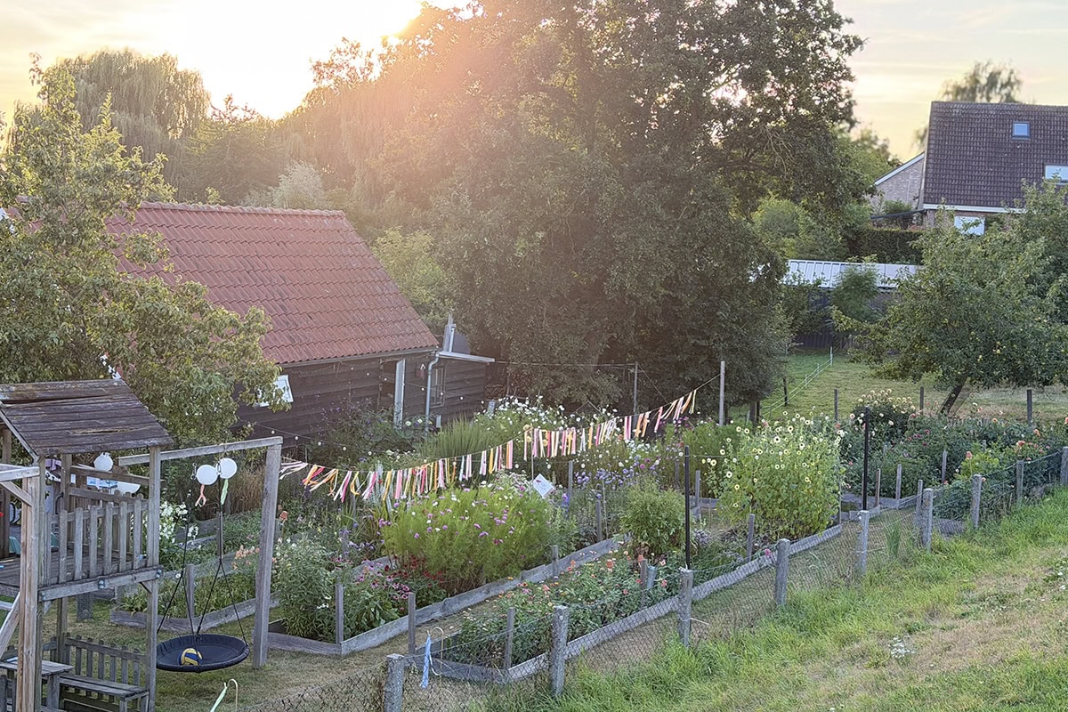 De pluktuin in het zonlicht.