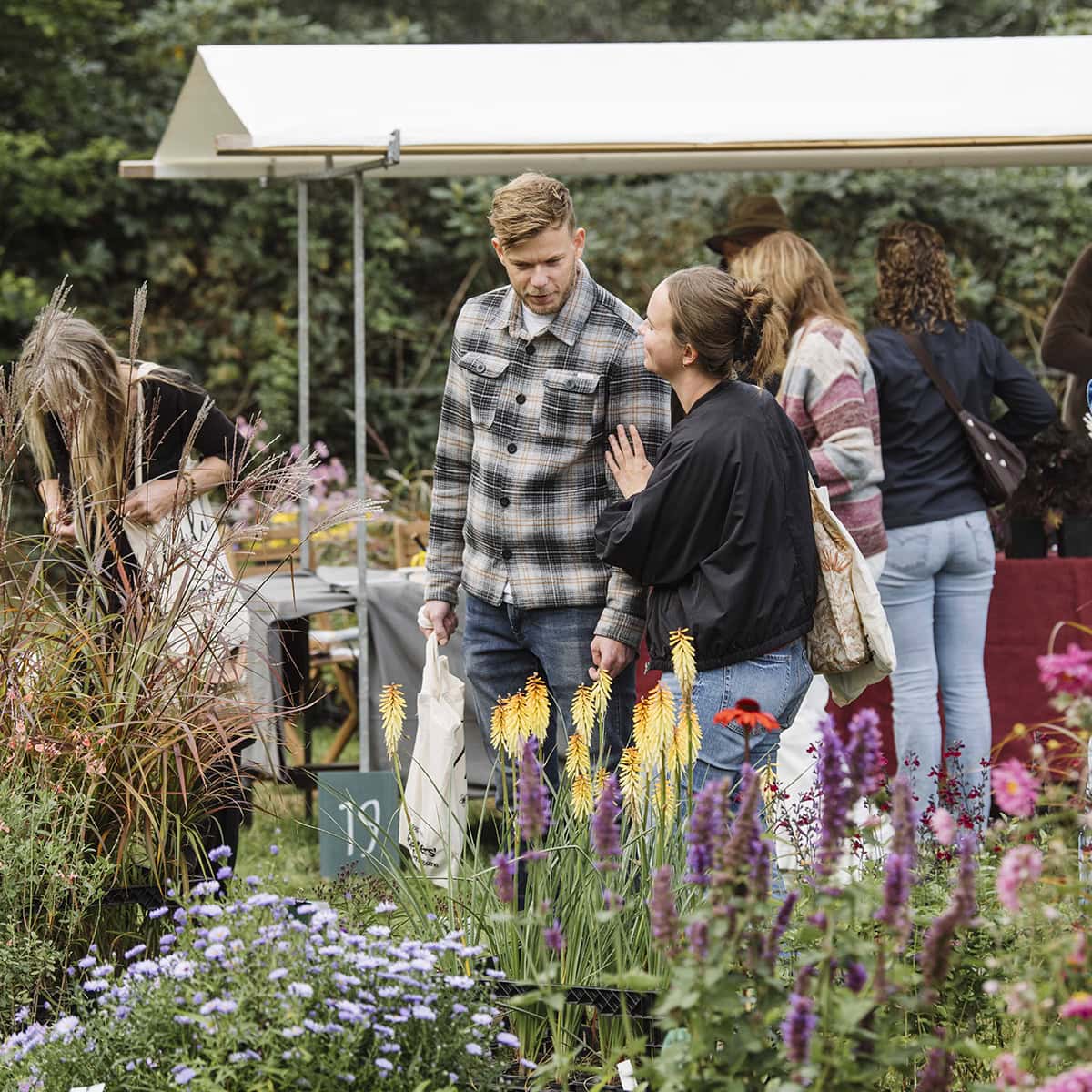 Bezoekers overleggen bij planten.