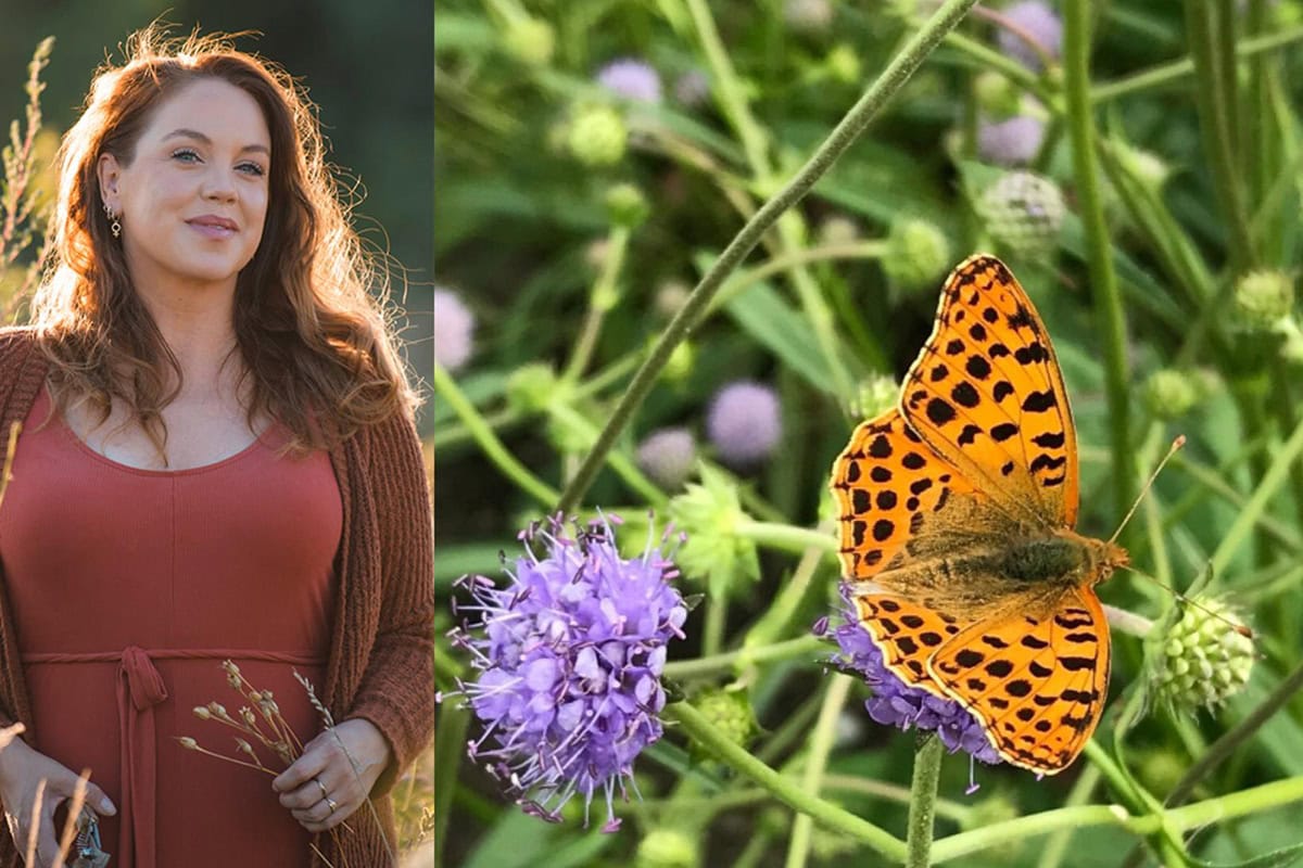 Anne en kleine parelmoervlinder op blauwe knoop