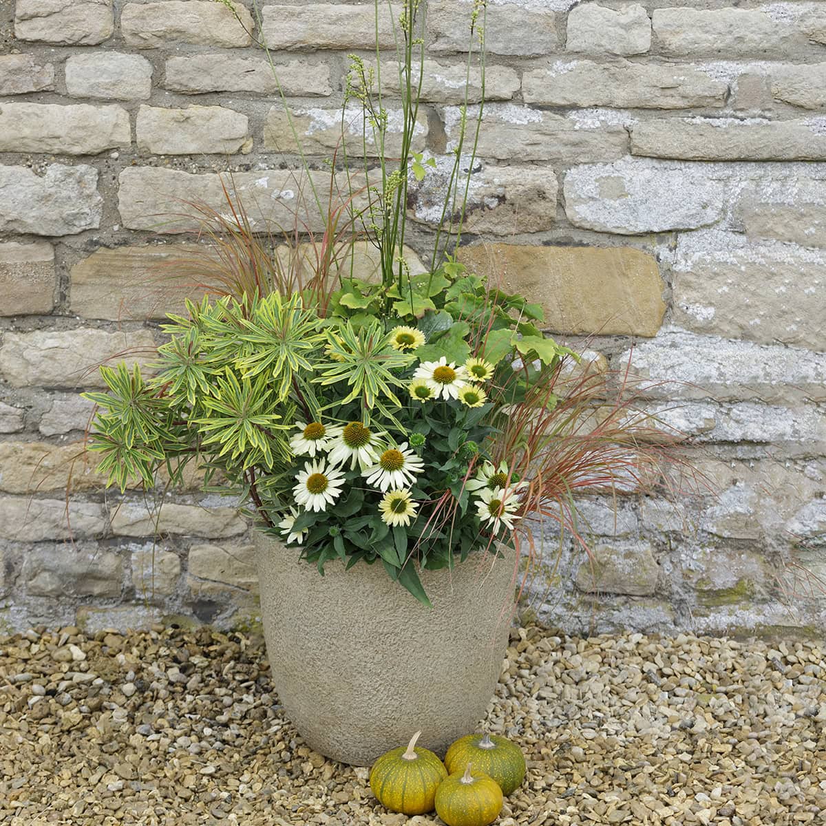 Een buitenpot met bloemen en planten in subtiele tinten.