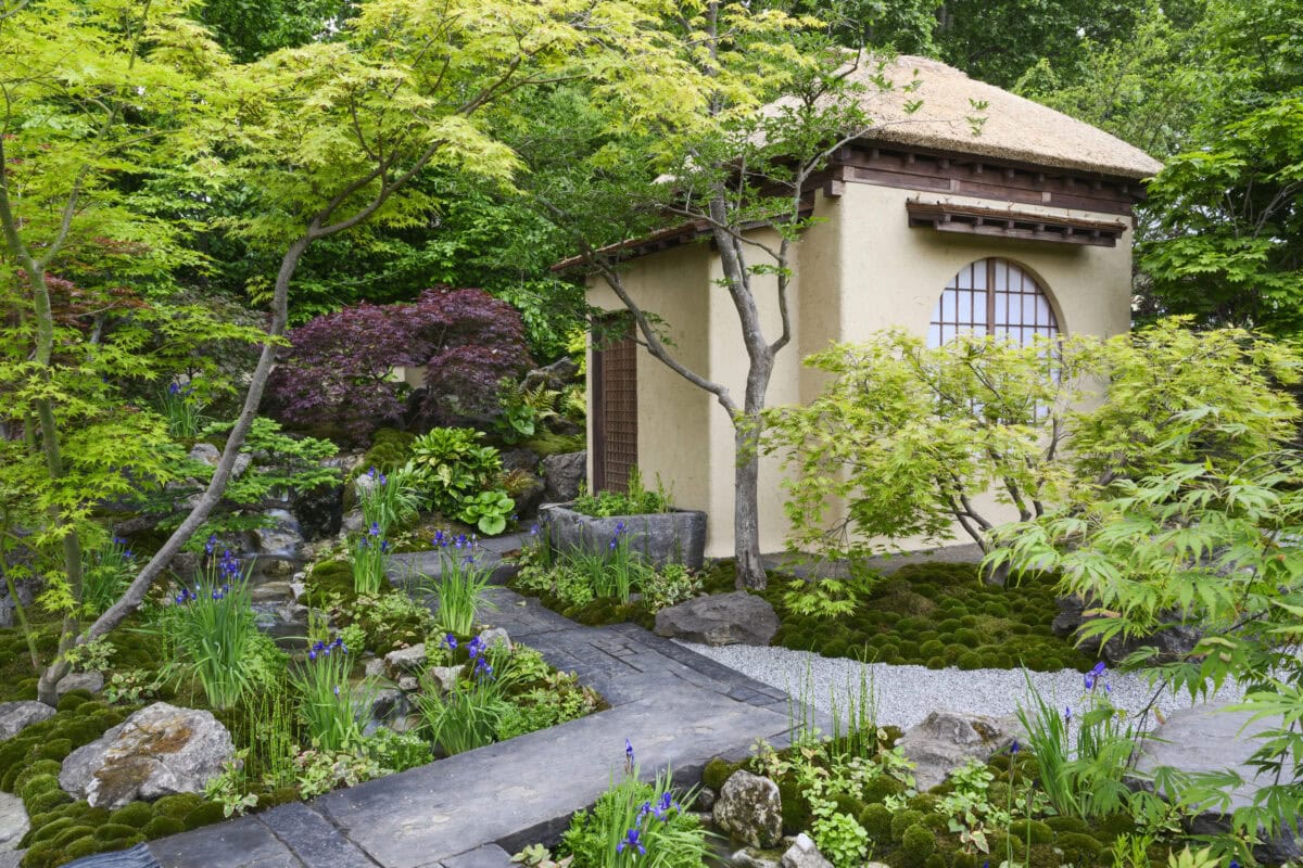 Showtuin geïnspireerd door Japanse theetuin met mosbollen, een stenen pad en een huisje.