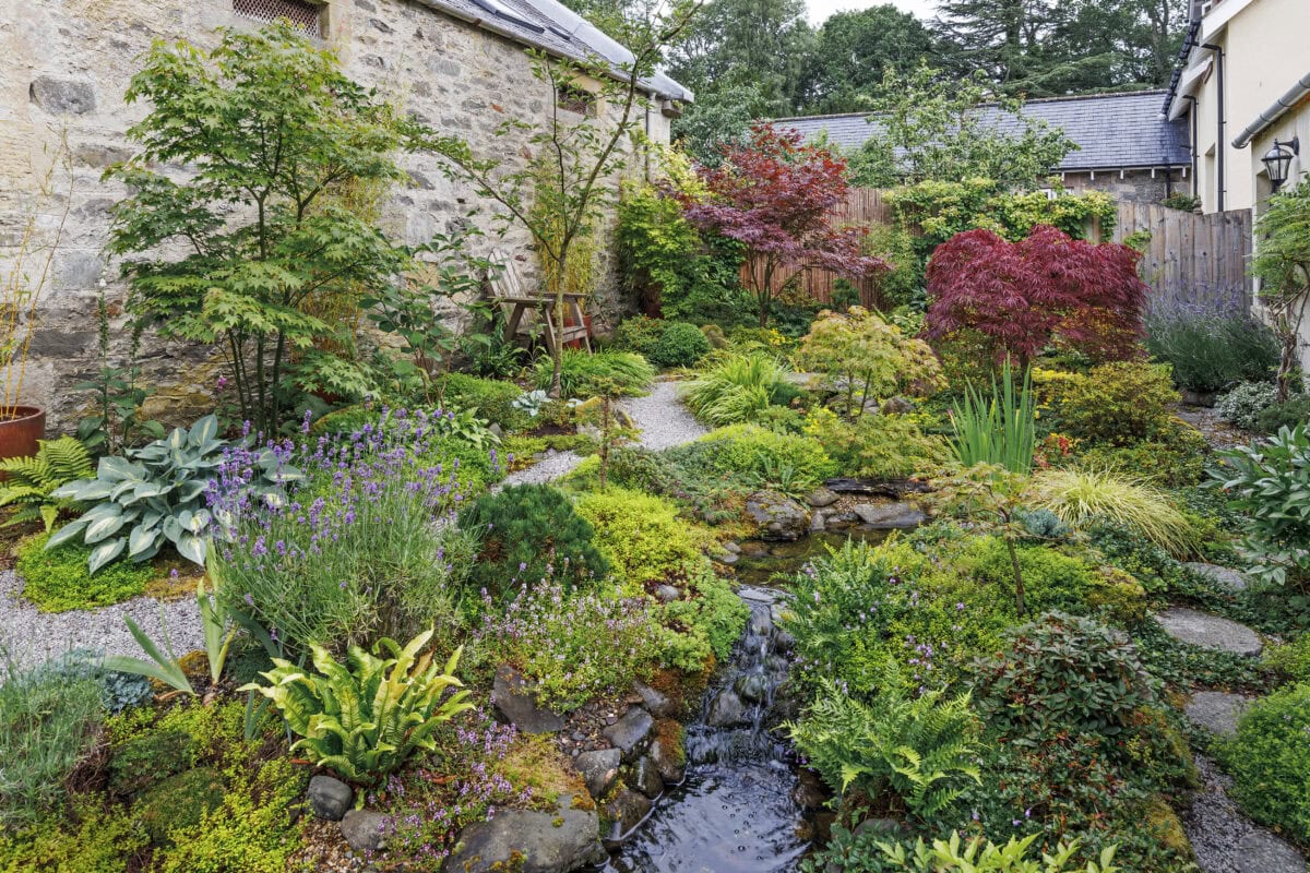 Een grote tuin met onder andere esdoornbomen, een slingerend pad en een stroompje water.